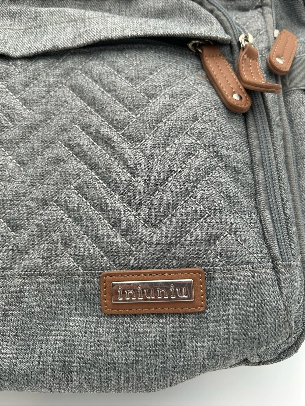 Gray Quilted Baby Bag Backpack with Brown Trim